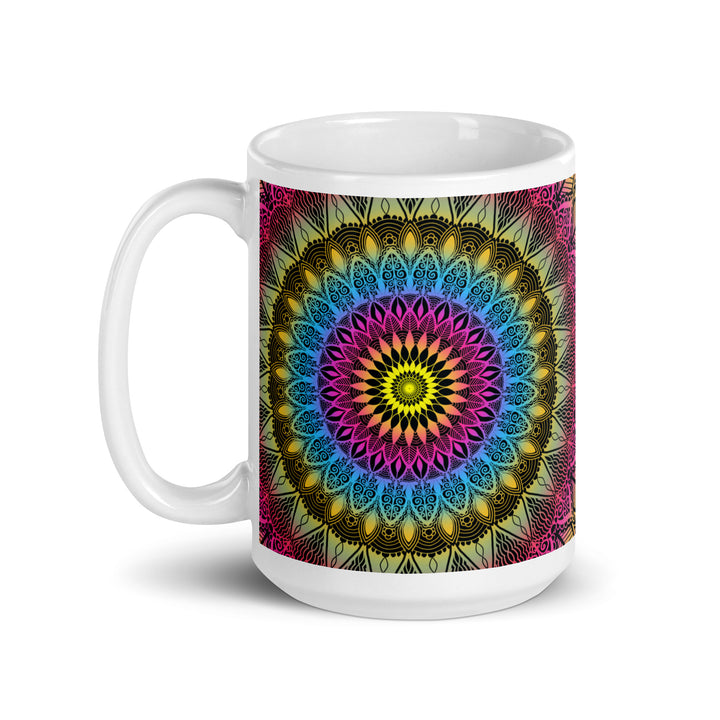 Color Burst: Vibrant Mandala Mug in Pink, Blue & Yellow