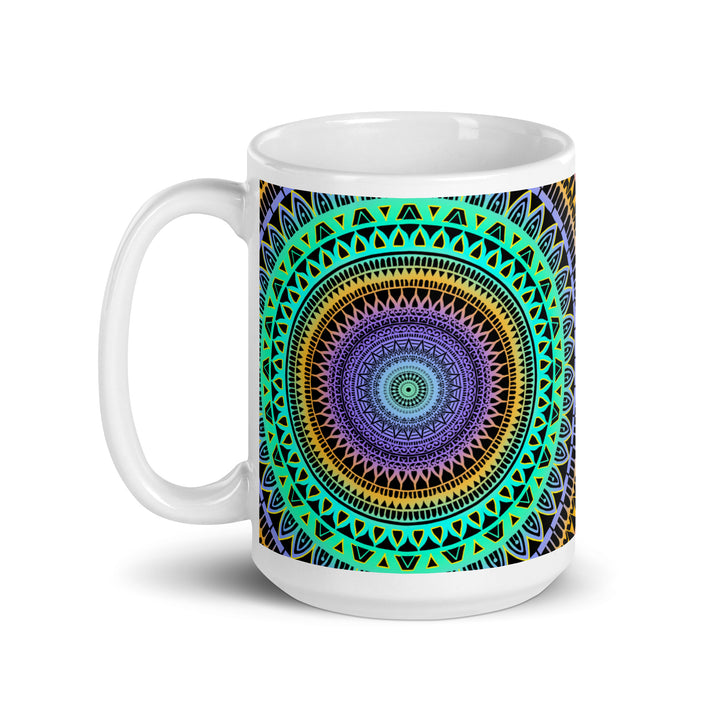 Minty Elegance: Vibrant Mandala Mug in Mint Green, Purple & Yellow