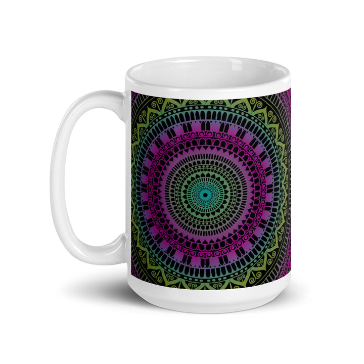 Soothing Delight: Pink & Green Mandala Mug with Mehndi Embellishments