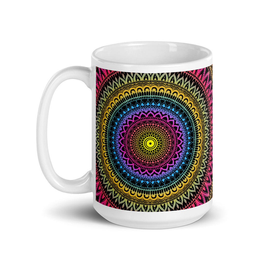 Mystical Fusion: Mehndi Mandala Mug in Pink, Yellow & Blue