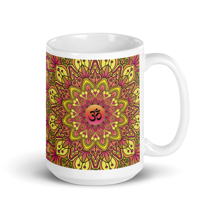 Soft Yellow and Pink Mandala Mug in boho style, featuring a playful Ohm sign in the center