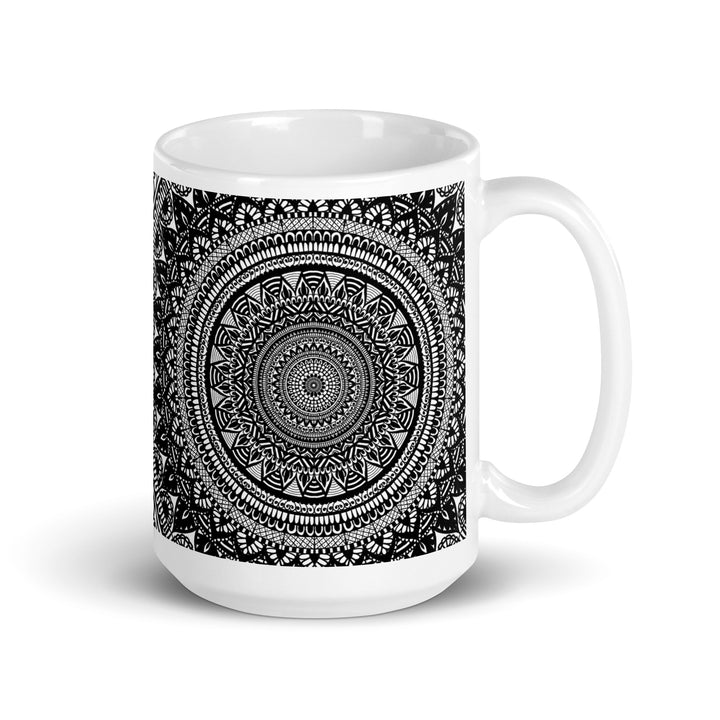 Black and White Mandala Mug with intricate monochrome design