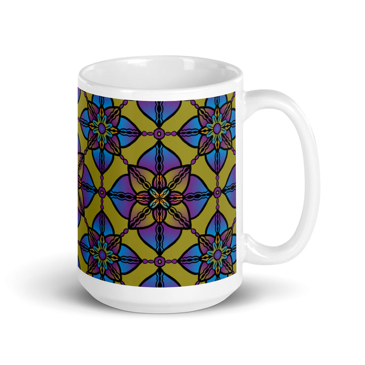 Vibrant Harmony: Kaleidoscope Mandala Mug in Purple, Blue & Yellow