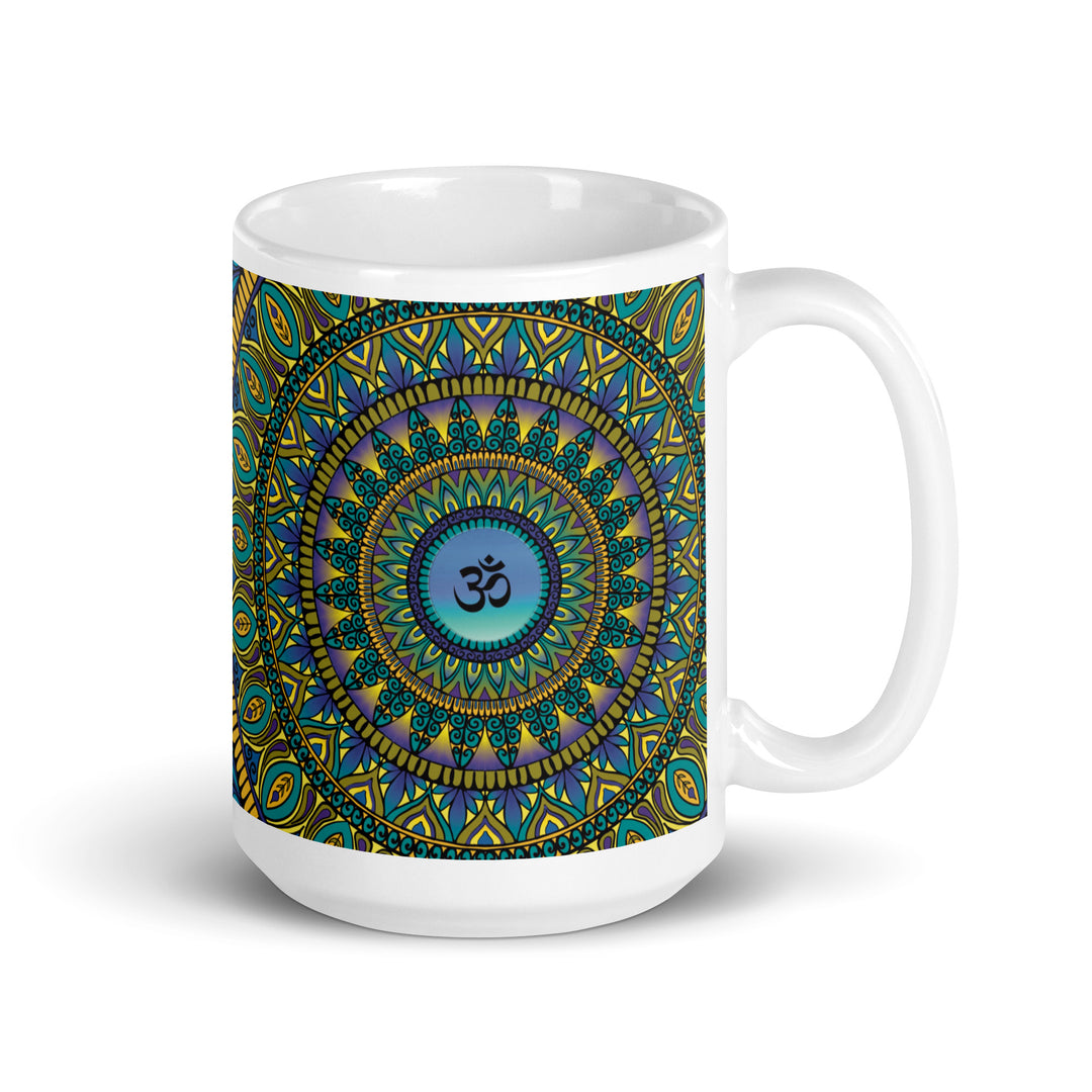 Petrol, purple, and gold mandala mug with Ohm symbol at the center.