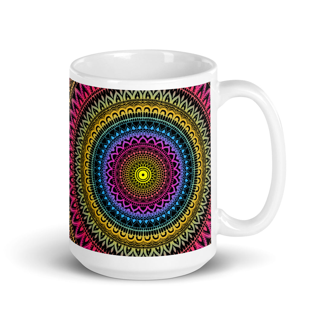 Mystical Fusion: Mehndi Mandala Mug in Pink, Yellow & Blue