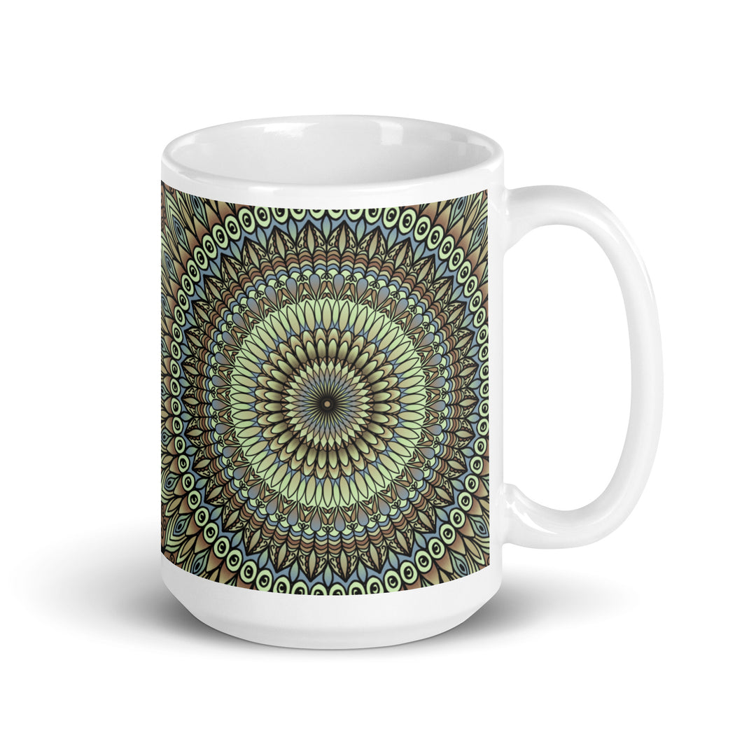 Flower mandala mug in soft lavender, green, and brown. Delicate floral patterns adorn the surface, creating a serene and elegant design